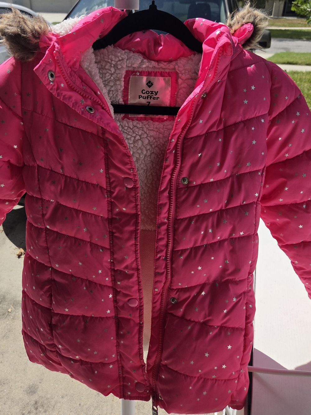 Cozy Puffer Hot Pink Star-Print Hooded Jacket